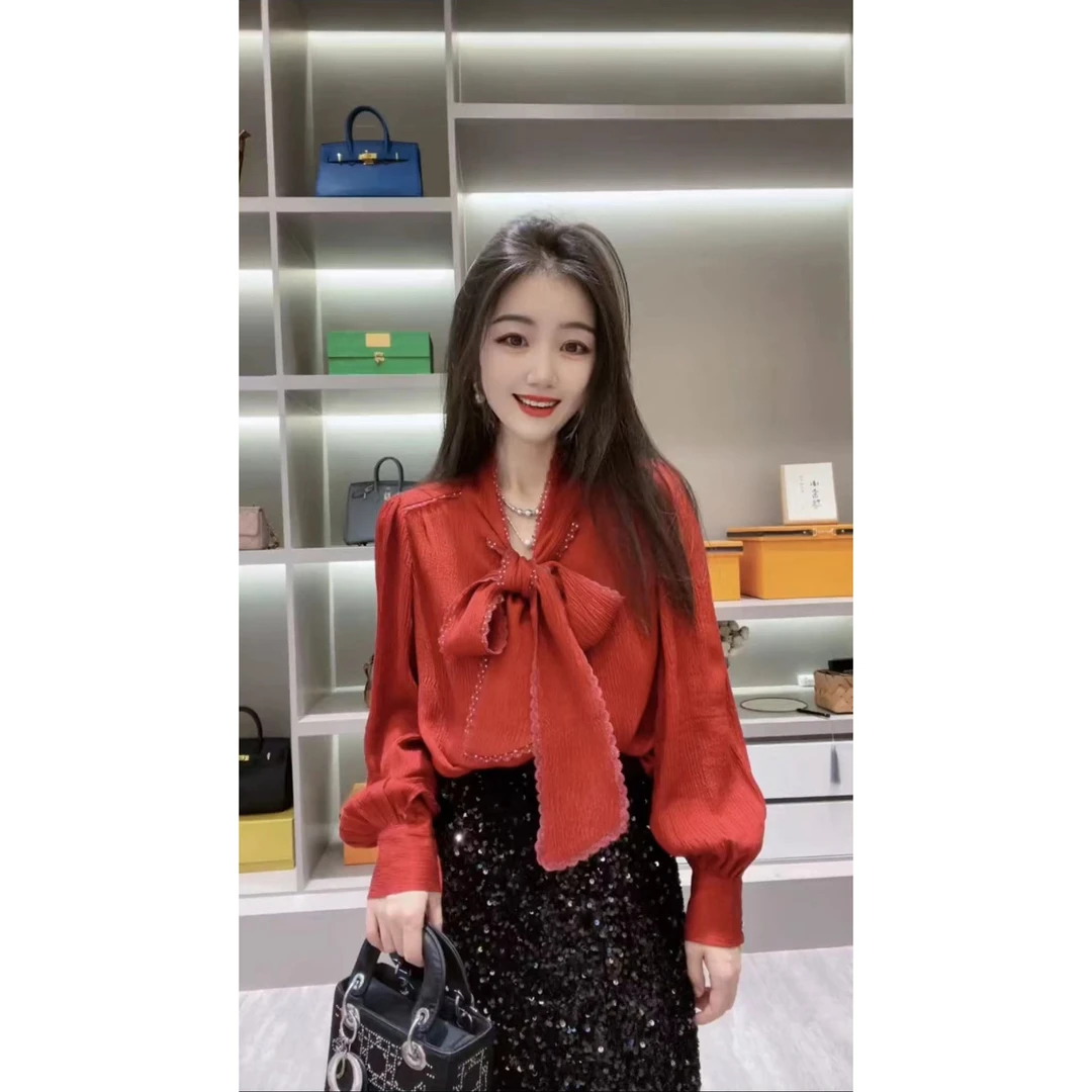 《CHUN》飘带钉珠桑蚕丝上衣