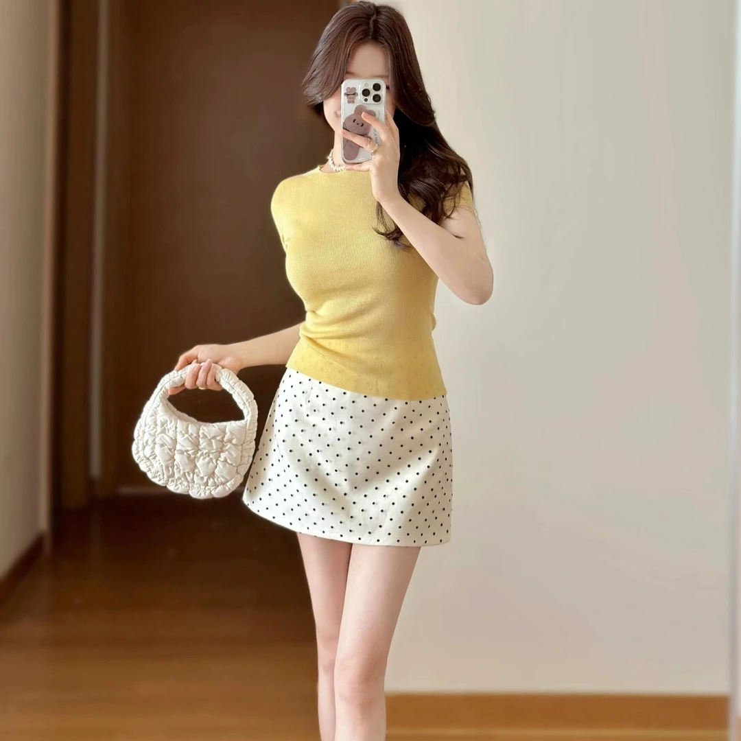夏季多巴胺搭配一整套韩系穿搭淑女气质初恋清纯套装波点短裙子