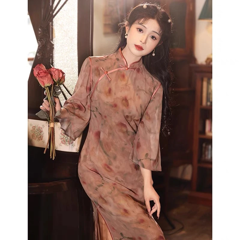 绫素【暮色春晓】新中式国风碎花原创设计旗袍小个子也可穿 S-2XL