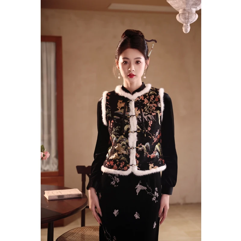 旗袍提花双层马甲上衣S-3XL 夹棉加厚保暖新中式唐装秋冬新款