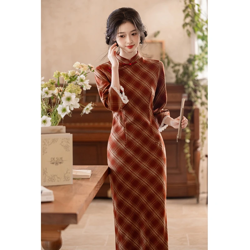 绫素  新中式复古红色格纹旗袍S-3XL气质修身显瘦版