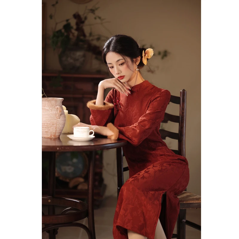 绫素【红豆】新中式原创设计收腰显瘦旗袍加绒加厚冬装S-3XL