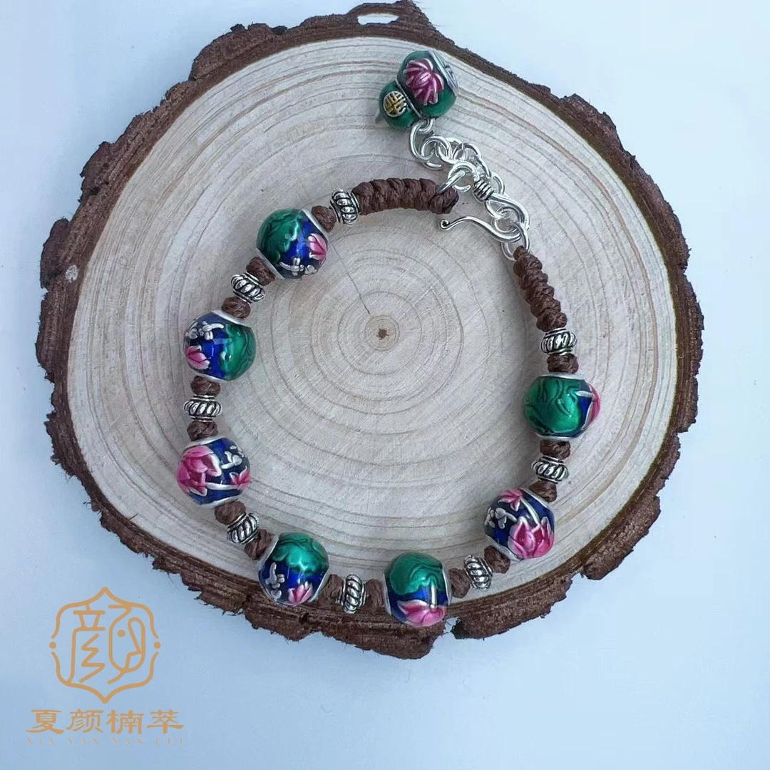 足银珐琅手链 【夏颜楠萃】足银珐琅彩荷叶莲花圆珠手链 国风