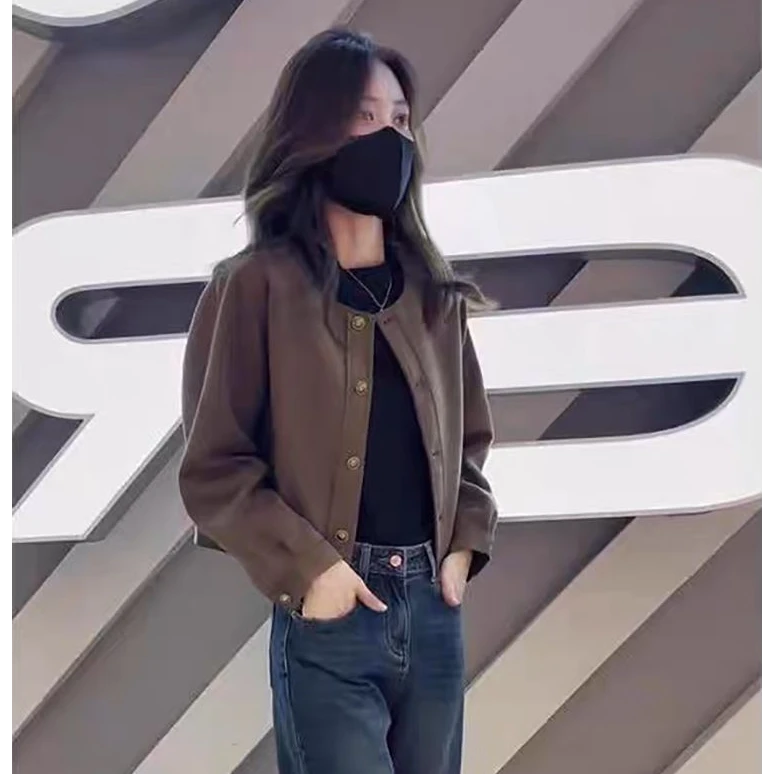 今年流行小个子美拉德春秋短款咖色外套女2024新款鹿皮绒夹克上衣