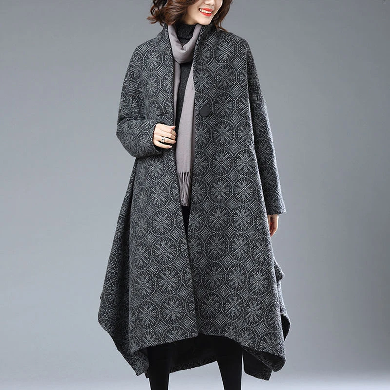 大码毛呢外套女秋冬加厚长款过膝呢子大衣复古文艺一粒扣A字斗篷