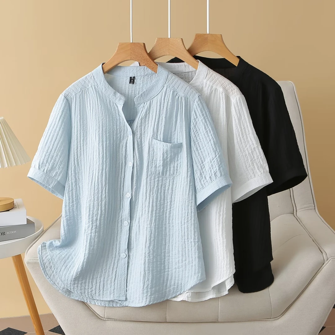 大码显小众瘦衬衫短袖夏季胖mm时尚小v领韩版宽松休闲半袖824196
