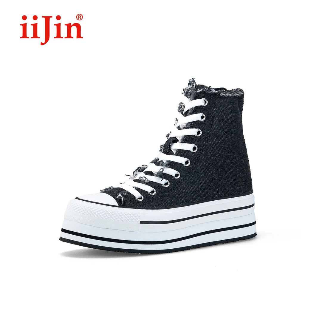 iiJin艾今官方经典高帮帆布10cm厚底内增高休闲女鞋AF005DBU(AL)