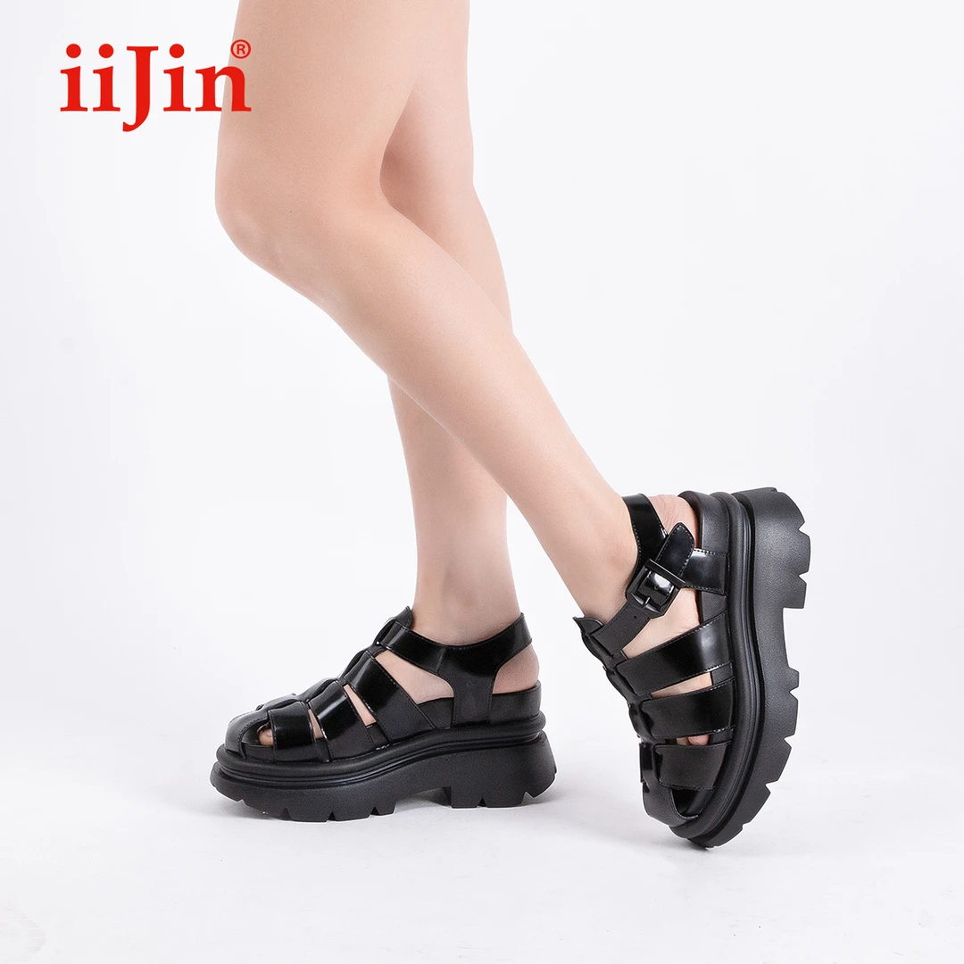 iiJin艾今官方23新品8.5cm厚底内增高罗马凉鞋猪笼鞋女YF599FIB1
