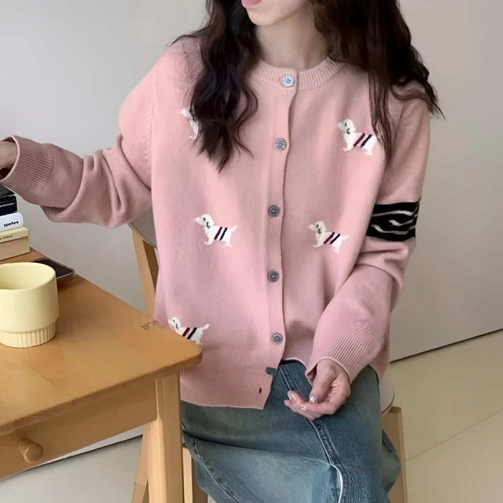 小狗提花条纹圆领开衫