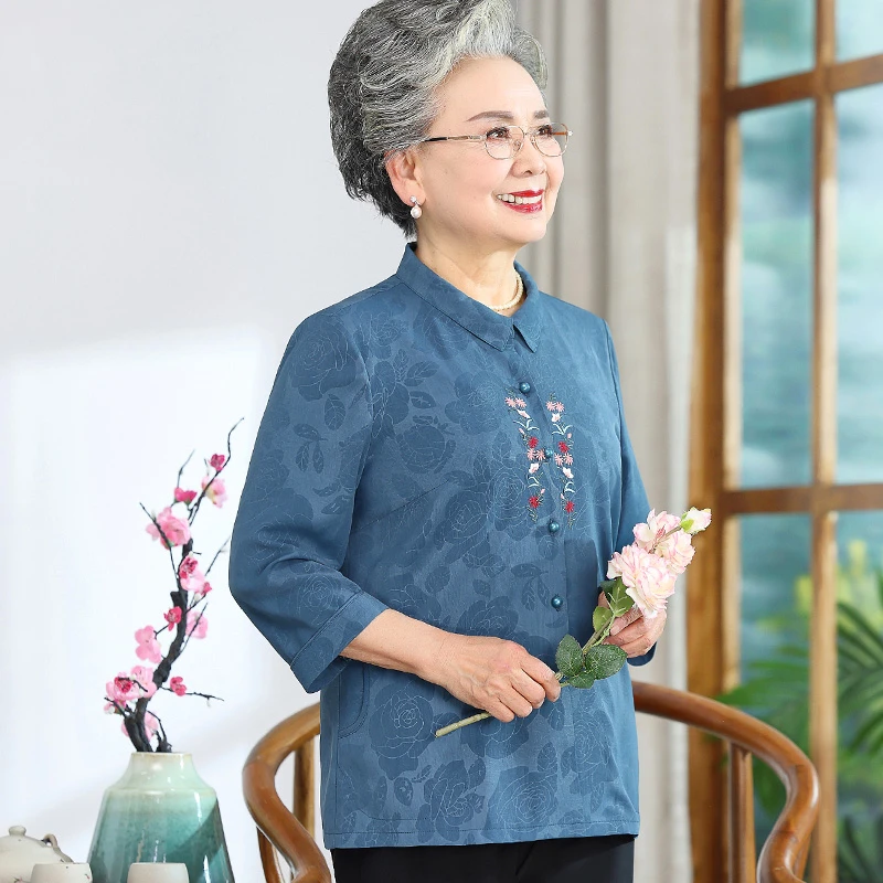 老年人夏装女七分袖衬衫60岁70奶奶春夏绣花衬衣套装妈妈太太衣服