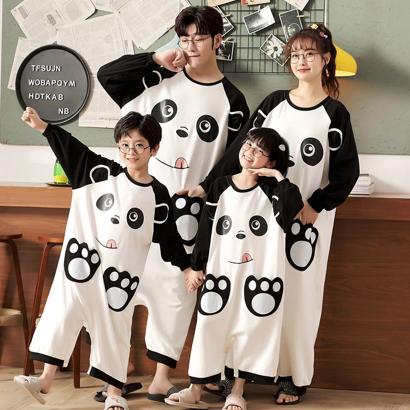 红豆男女童连体睡衣春秋亲子一家三口母女纯棉长袖可外穿连体衣家