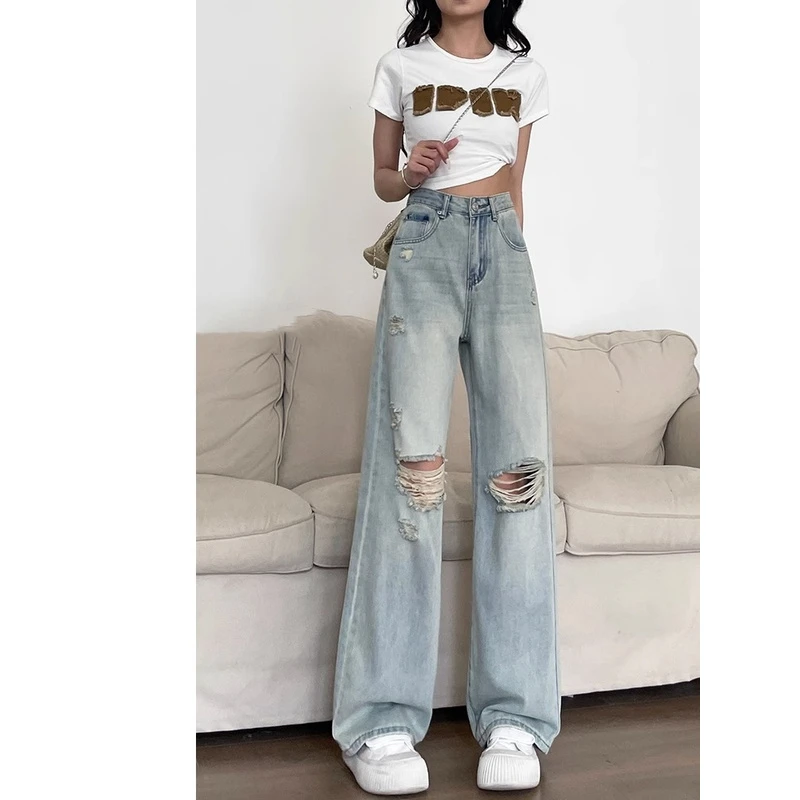 破洞阔腿牛仔裤女夏季薄款2025年新款高腰宽松垂感浅色直筒拖地裤