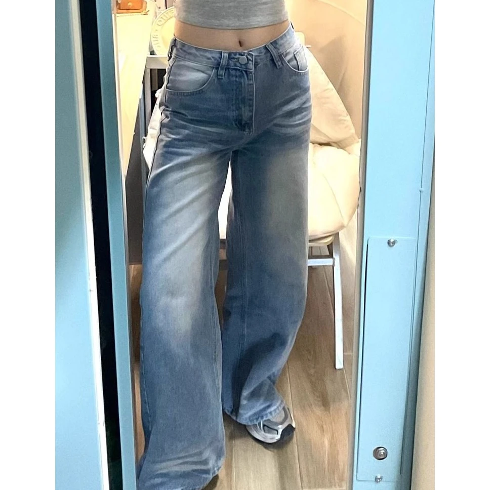 水洗折痕设计感阔腿牛仔裤女秋季新款美式复古高腰宽松垂感拖地裤