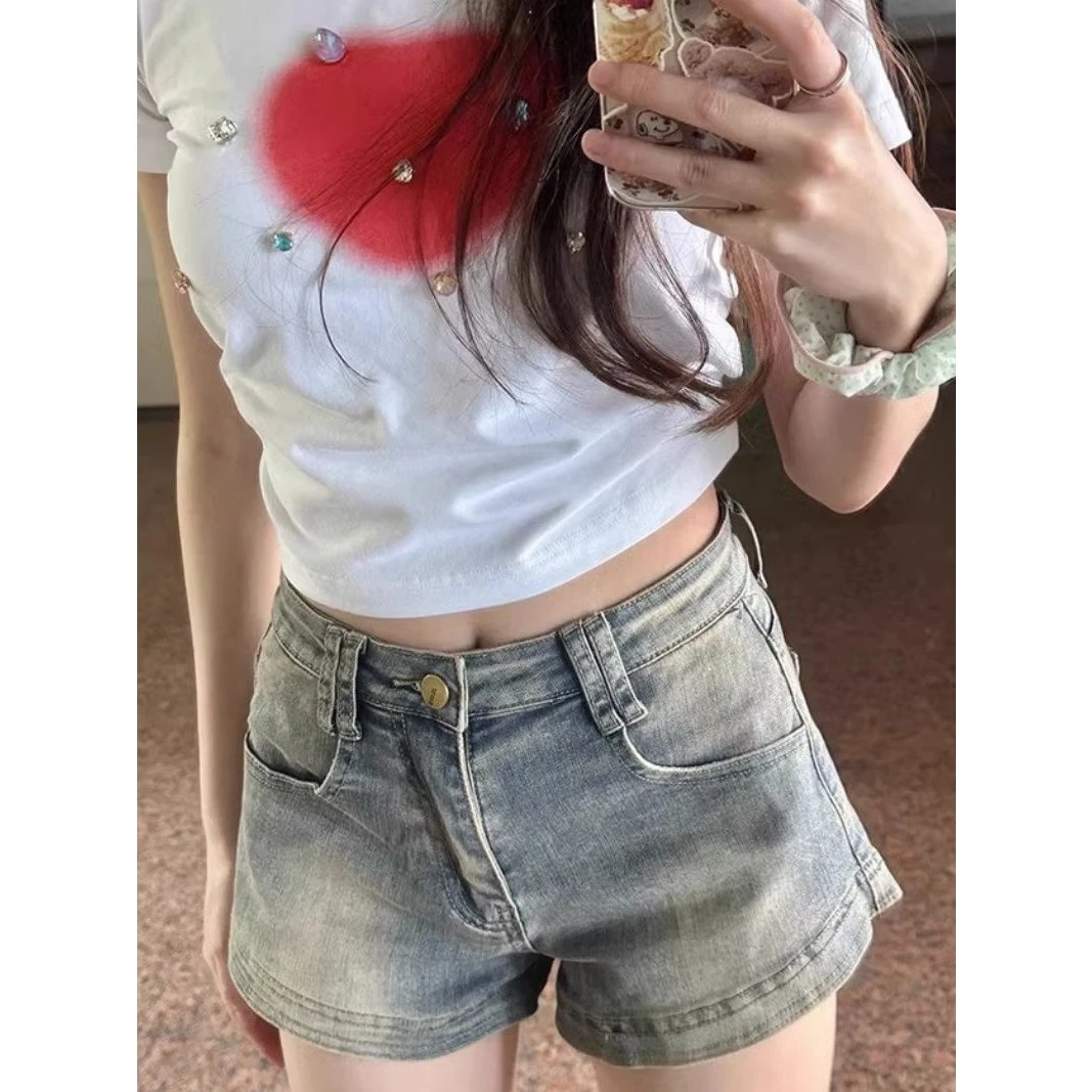 美式高街高腰a字牛仔短裤女薄款夏季2025新款复古辣妹热裤设计感