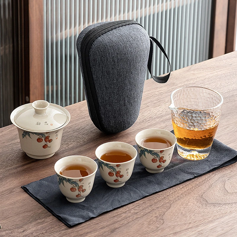 草木灰陶瓷快客杯一壶三杯户外便携式功夫茶具小型包旅行茶具套装
