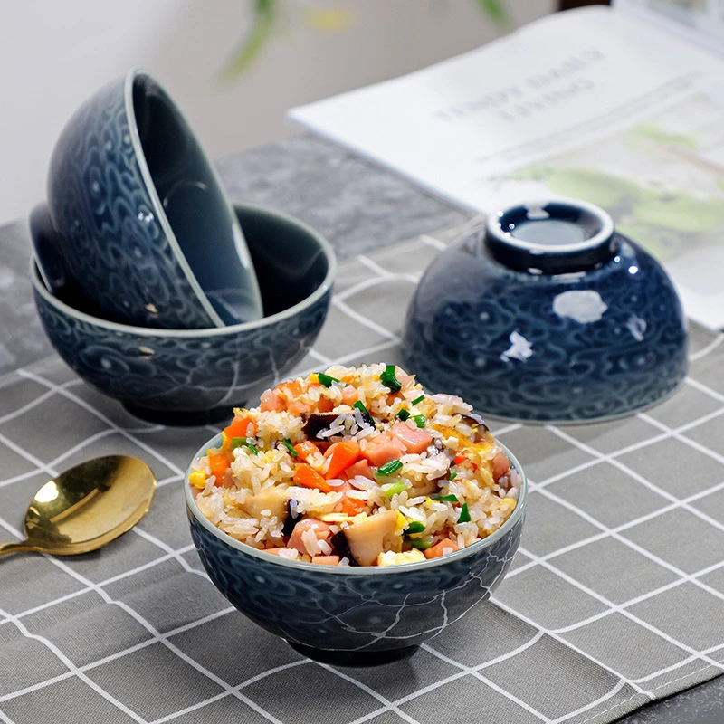 陶瓷中式浮雕祥云碗4.5寸饭碗家用米饭碗餐厅汤碗耐高温可微波