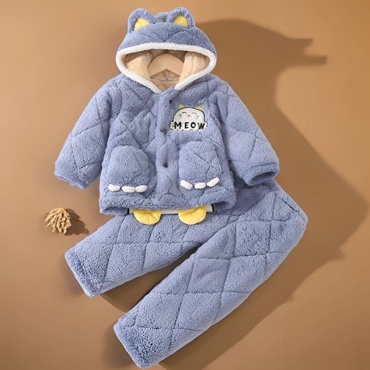 招财猫儿童睡衣冬季加绒加厚珊瑚绒法兰绒保暖家居服男童女童通用