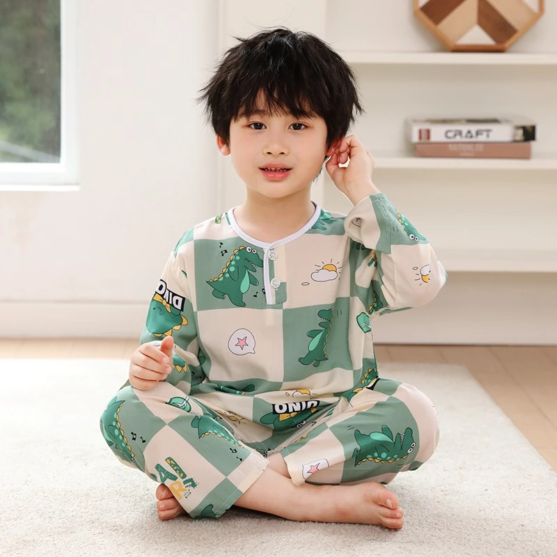 夏季儿童睡衣宝宝长袖男童女童中大童薄款绵绸男孩套装空调家居服