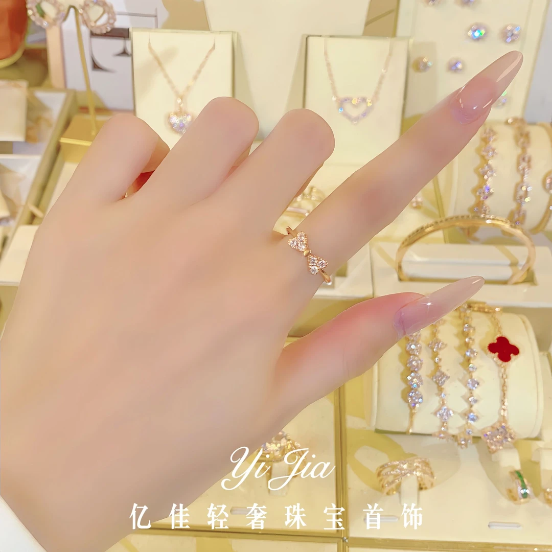 铜合金合成锆石戒指 时尚金色系列小众蝴蝶结戒指轻奢可调节百搭