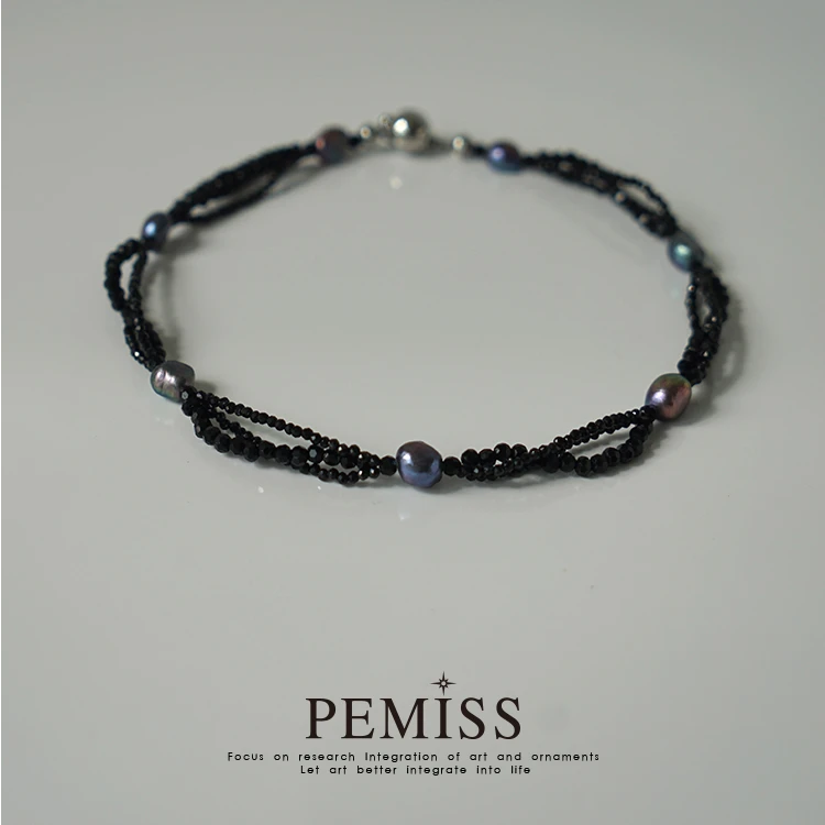 PEMISS 钛钢仿珍珠项链 时尚小众百搭男女同款气质简约项链蓝色