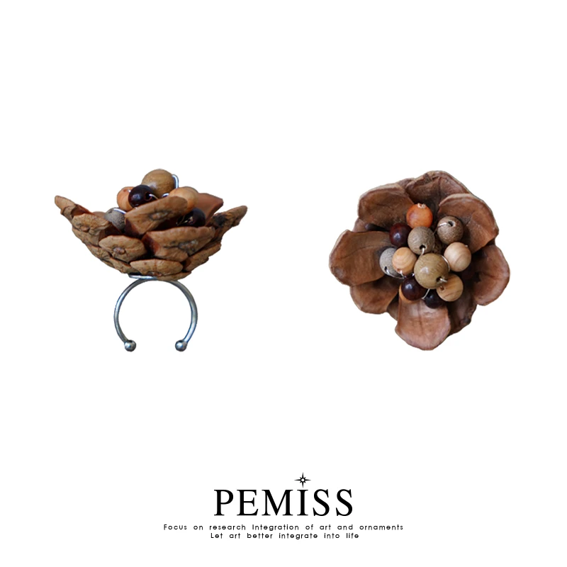 PEMISS 钛钢木质戒指 松花檀韵古风夸张复古植物系戒指气质小众