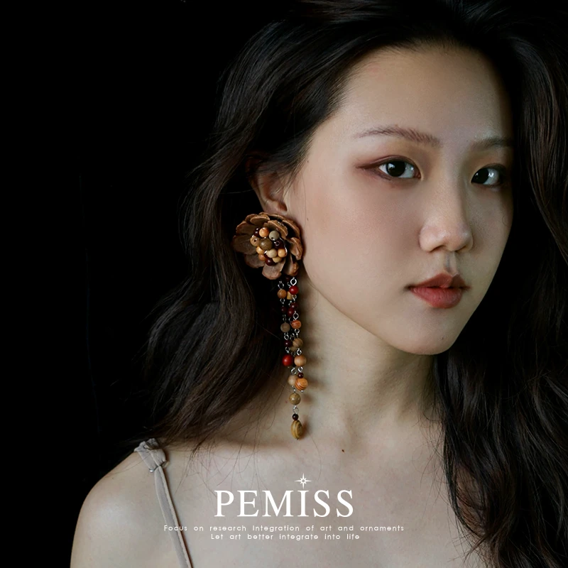 PEMISS 钛钢木质耳饰 松香檀韵步摇耳饰纯手工超夸张耳饰国风长款