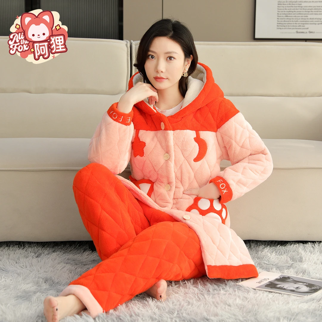 阿狸女款家居服套装2024冬季宽松休闲卡通加绒加厚保暖套装