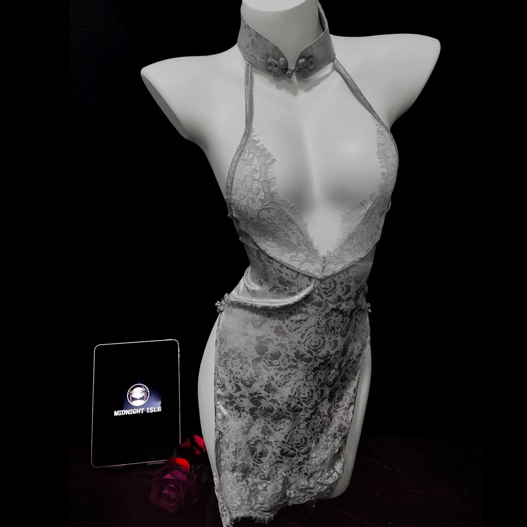 M.Isle午夜岛【银纱】高级复古风盘扣旗袍蕾丝镂空美背连衣裙睡衣
