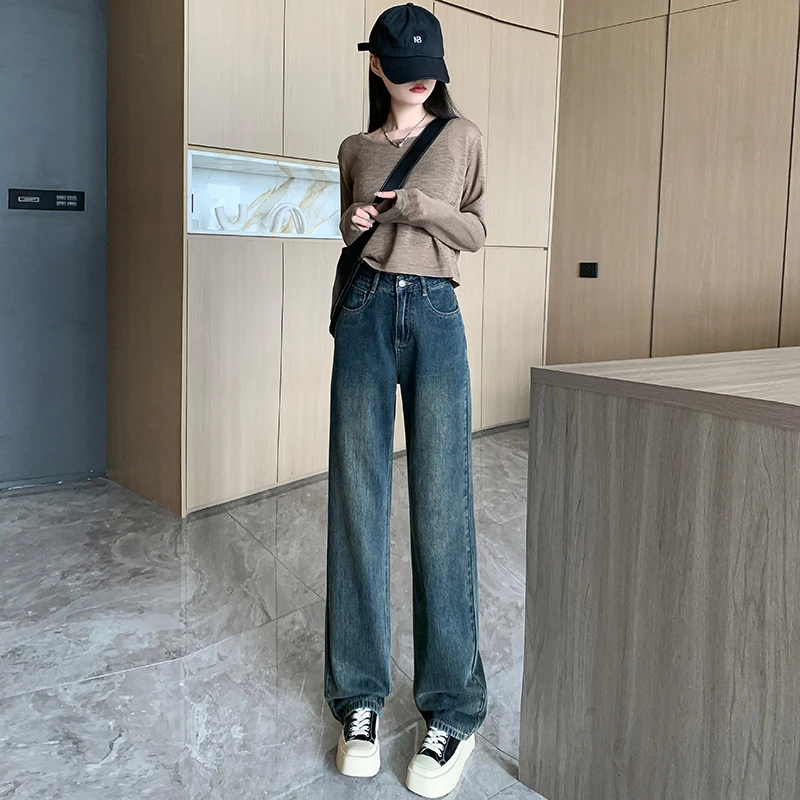 桃子西宽松日常直筒牛仔裤女2024秋季春秋窄版阔腿裤高腰牛仔裤