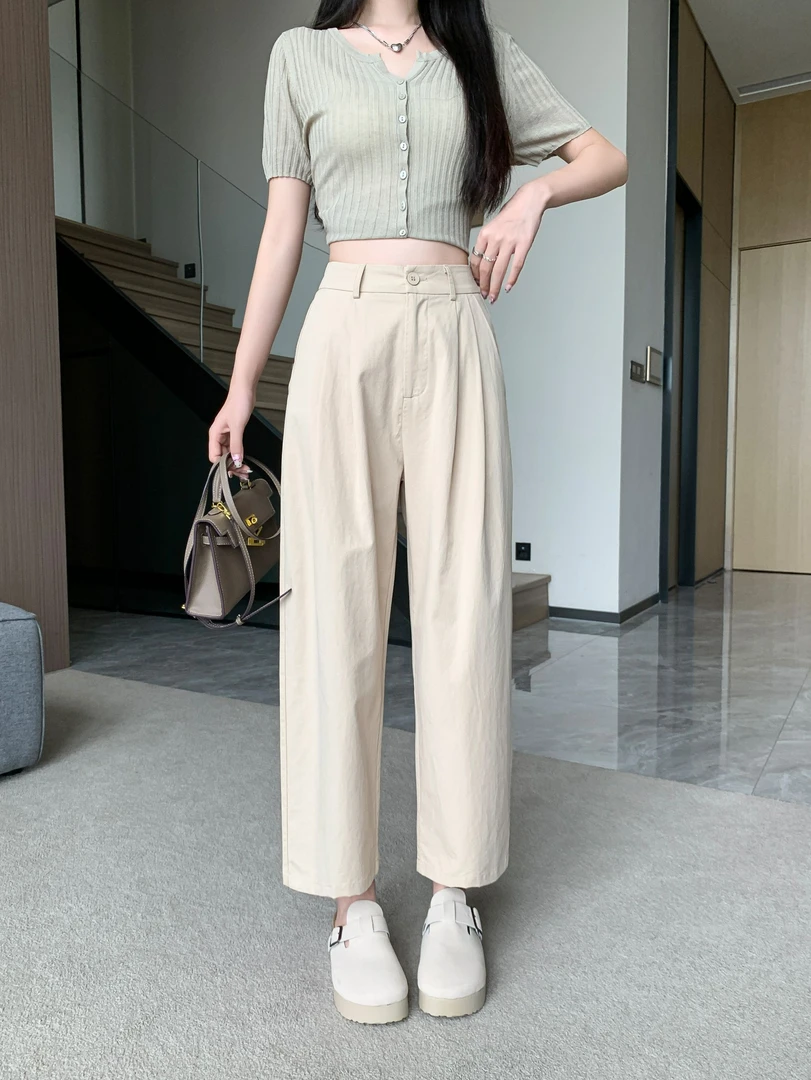 桃子西小个子定制改版纯棉显瘦气质轻奢时尚宽松咖色垂感直筒裤