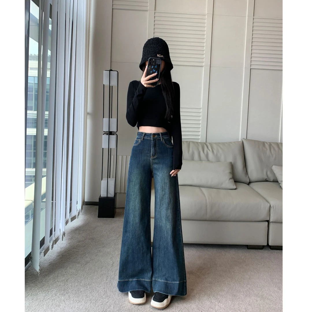 春季小个子复古高腰拖地裤百搭阔腿牛仔裤子