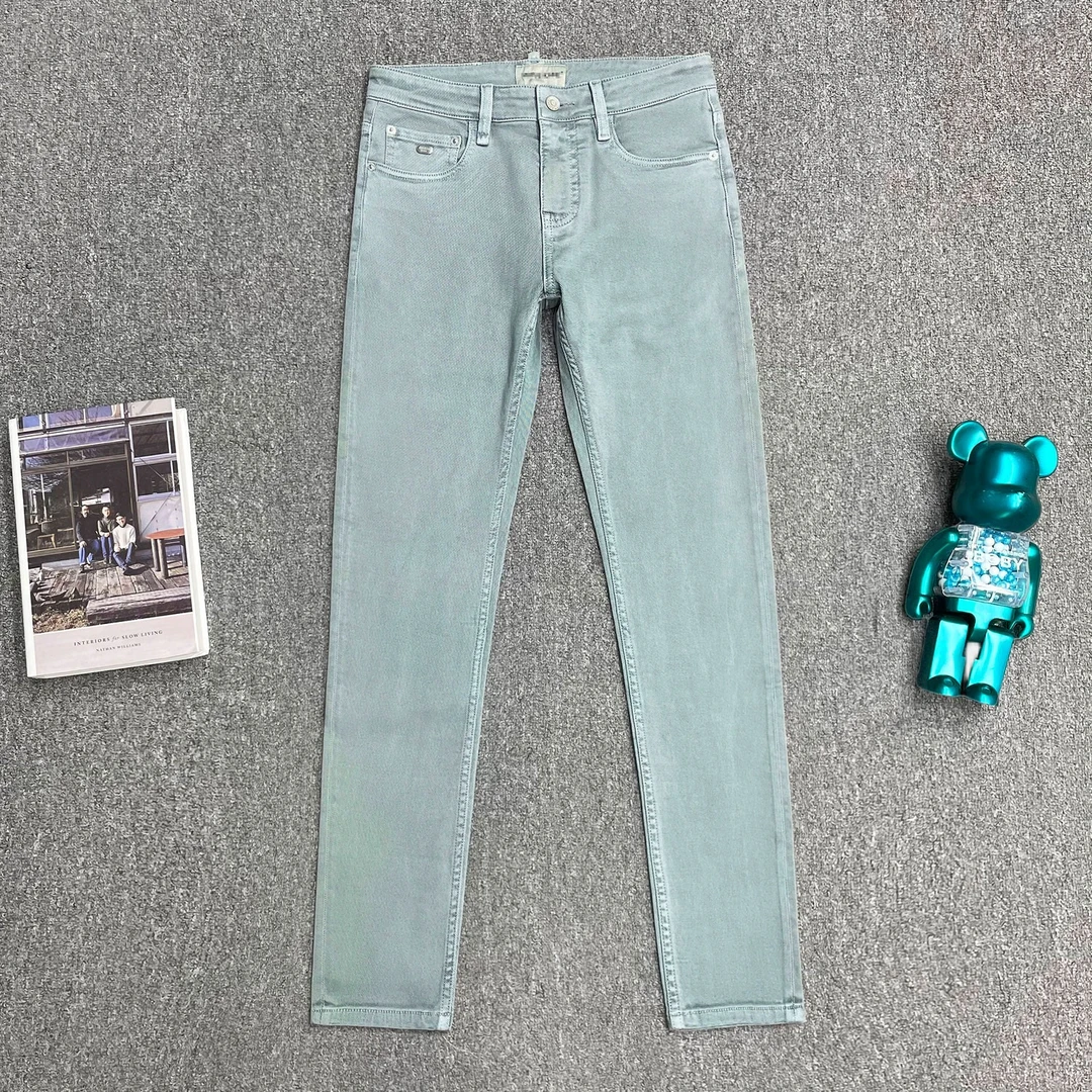 2025年高端时尚男士牛仔裤四季款翡翠蓝修身小直筒弹力百搭长裤