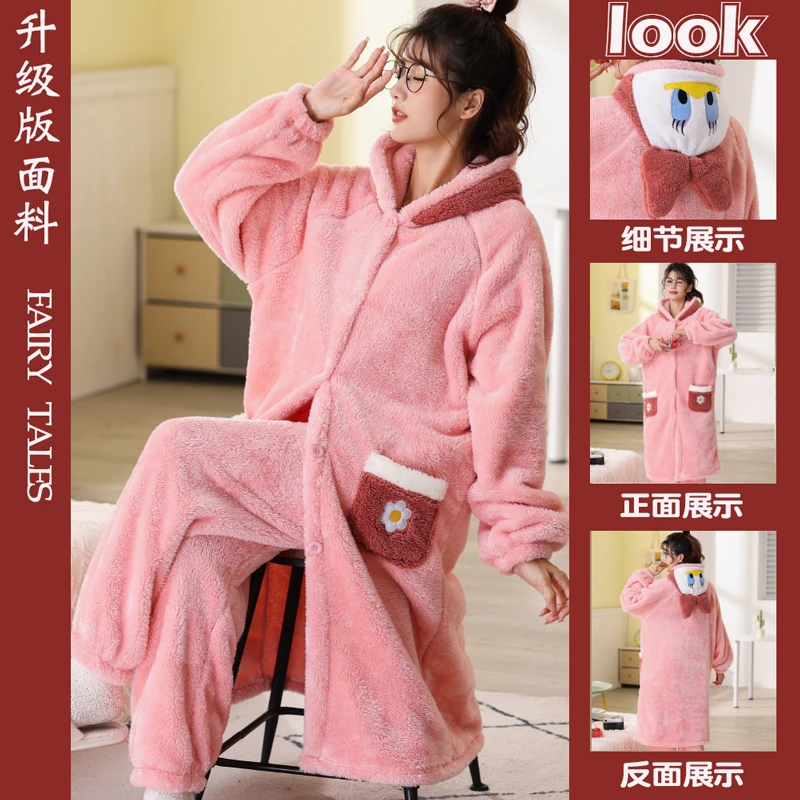 保暖睡衣女冬季加绒加厚珊瑚绒睡袍黛西鸭可爱外穿长款家居服卡通