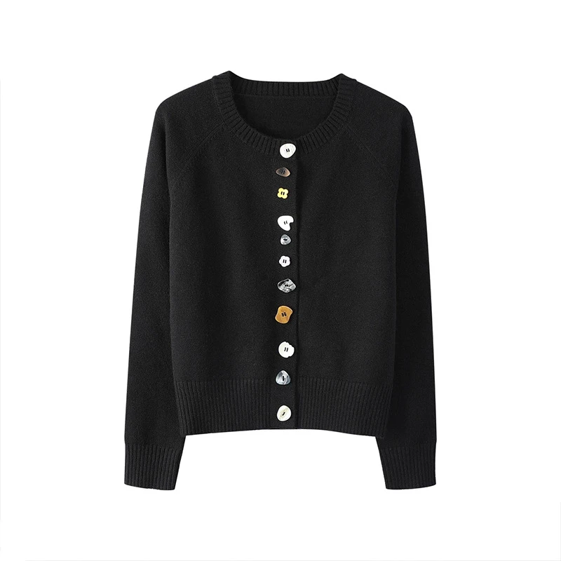 设计感不规则彩扣宽松显瘦针织衫女秋冬新款气质减龄黑色上衣1094
