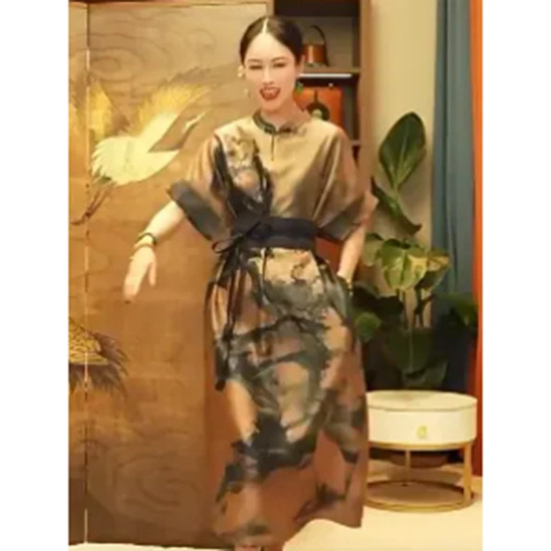 轻奢气质连衣裙新款女高级感小众中国风立领束腰水墨画裙子5874