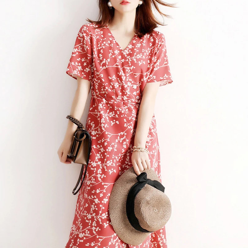 日系轻奢新款女装赫本风可盐可甜碎花V领短袖高腰连衣裙6561