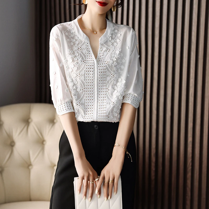 纯色中袖衬衫女气质通勤设计感小众法式宽松休闲上衣8605