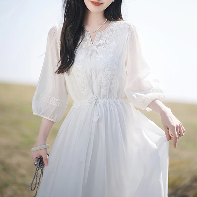 小香风高级感气质显瘦白色连衣裙女透气亲肤中长裙子7472