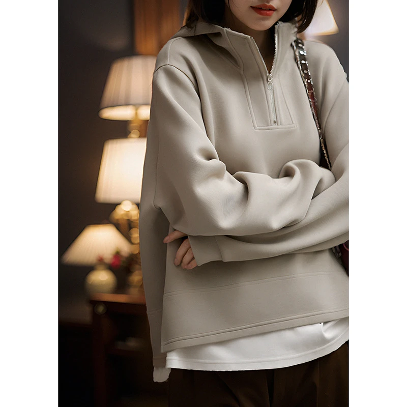 空气层拉链套头假两件连帽卫衣女时尚设计感简约休闲新款7131