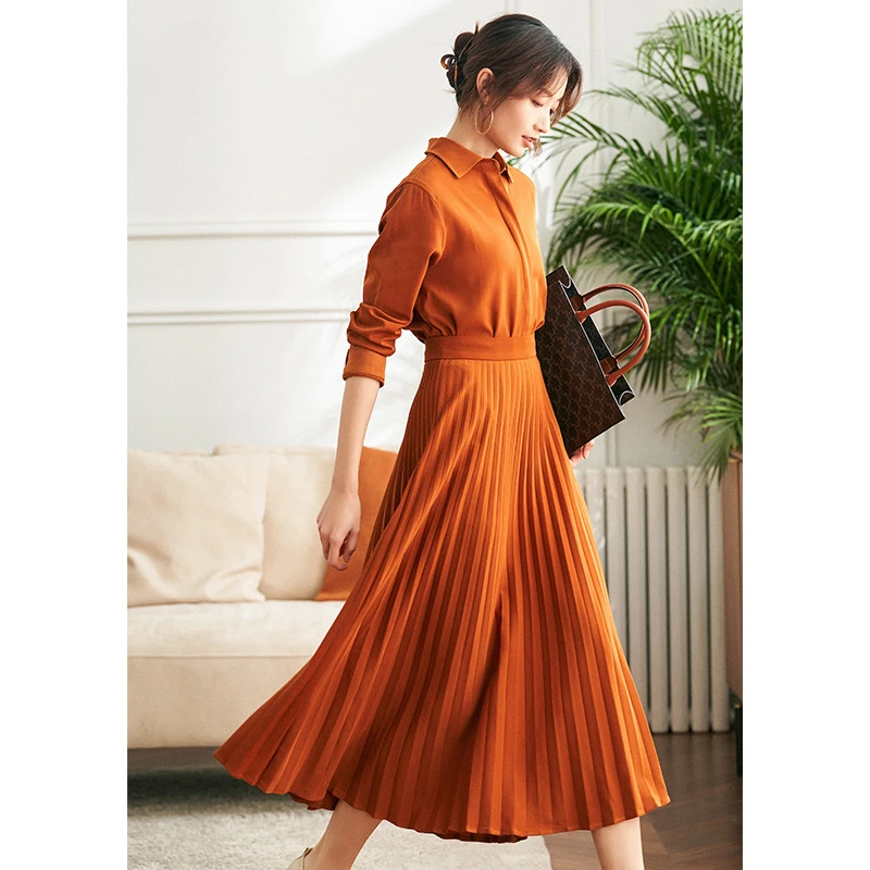 新款裙子法式复古女装韩版百褶中长裙休闲长袖修身连衣裙0186