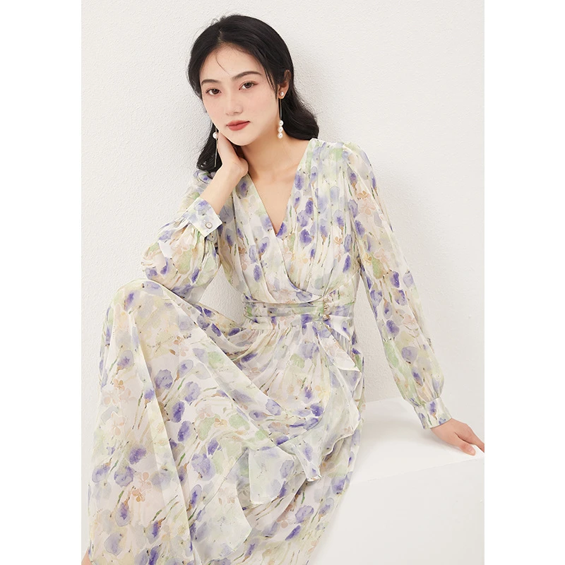 新款法式超仙高级感碎花雪纺印花连衣裙V领修身中长裙子0796