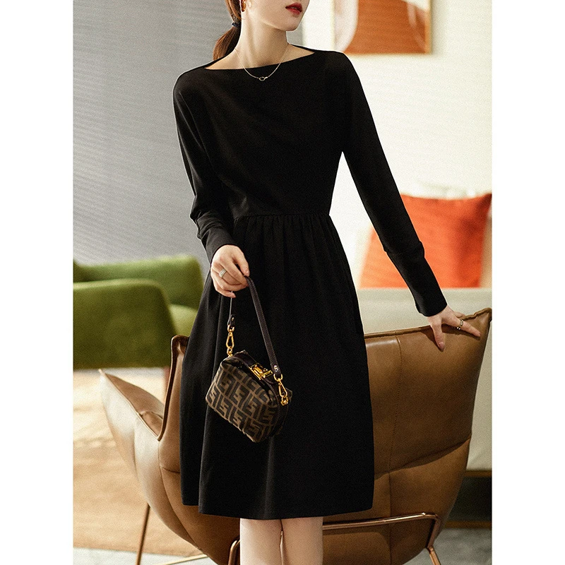 新款法式小众一字领收腰显瘦早春茶歇黑色连衣裙1387