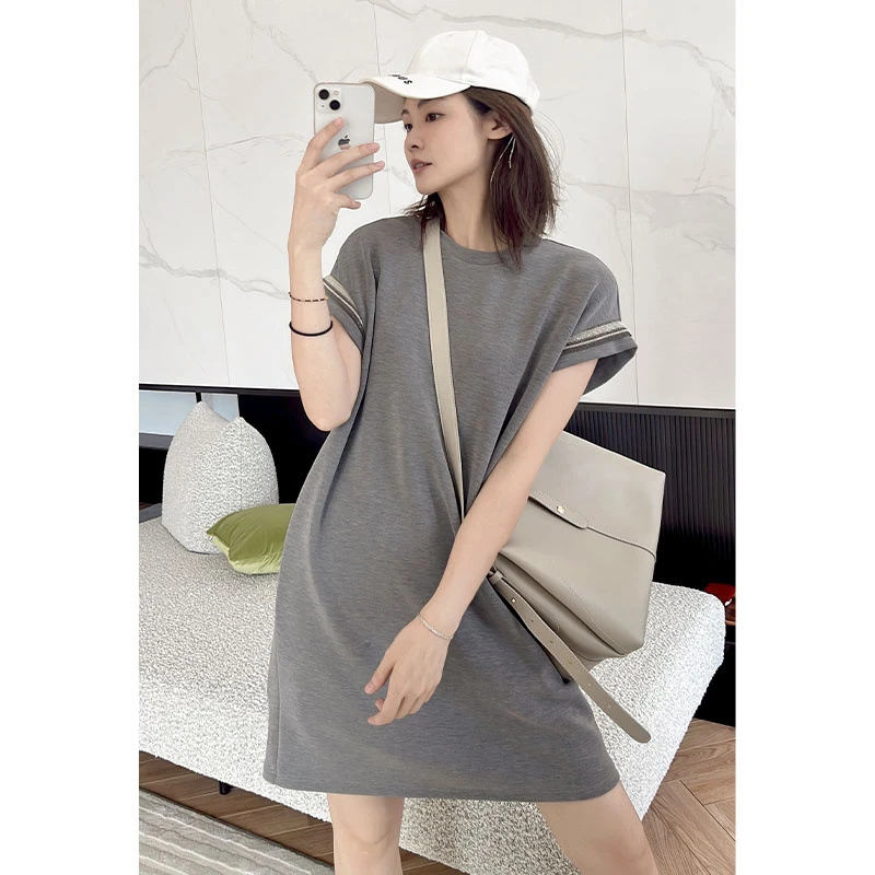 格雷灰系新款连衣裙简约百搭通勤宽松小飞袖圆领短裙6048
