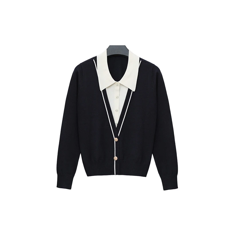 千韵伊然 时尚气质百搭小香风设计感撞色假两件长袖针织衫女1566