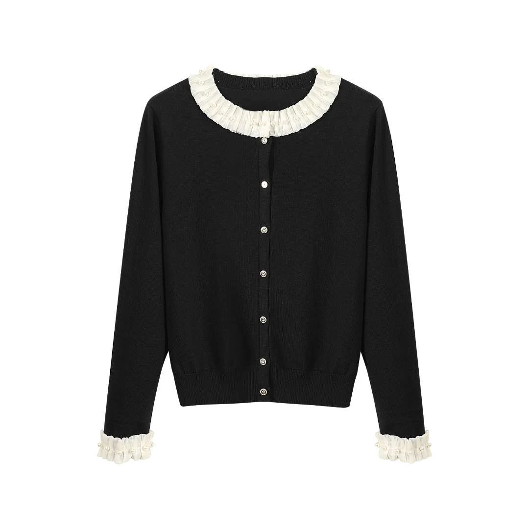 时尚气质百搭设计款荷叶领针织开衫上衣0290