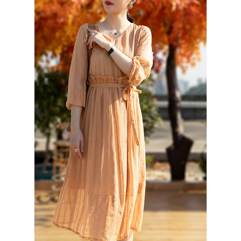 早春气质连衣裙女长款V领收腰显瘦淑女遮肚子显瘦裙子4428