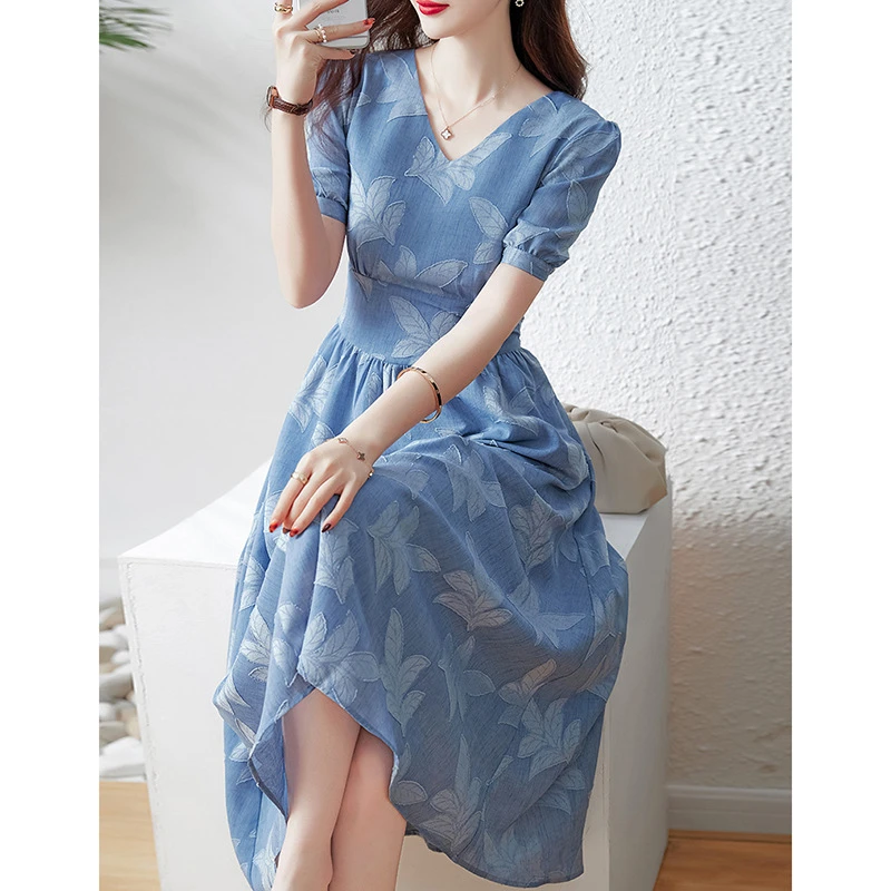 连衣裙夏季新款法式v领收腰显瘦小众设计感轻奢高级感裙子1087