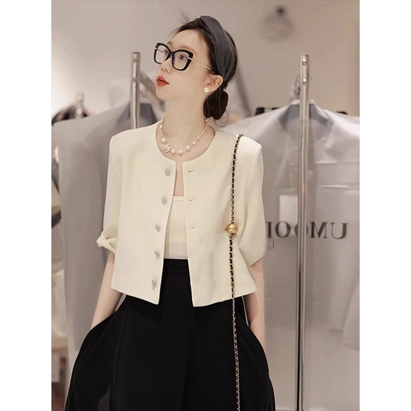 小香风圆领五分袖时髦短外套女新款轻奢高端气质百搭上衣7428