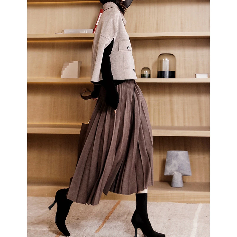 百褶半身裙女新款设计感小众高腰显瘦a字中长款大摆裙子0151