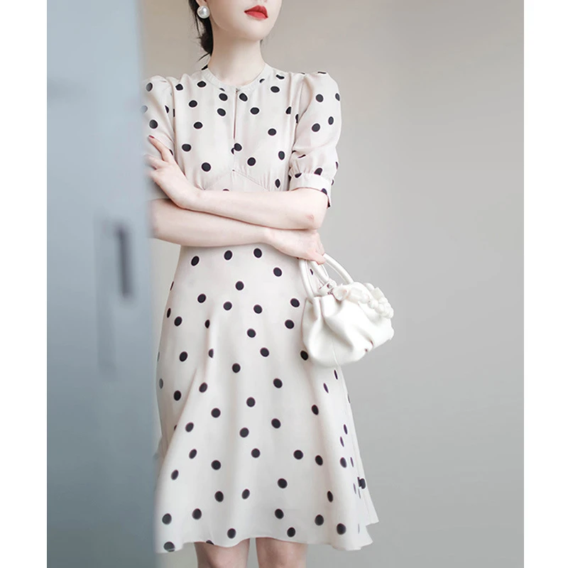 感连衣裙女夏季收腰显瘦气质法式复古别致泡泡袖雪纺波点裙子0119